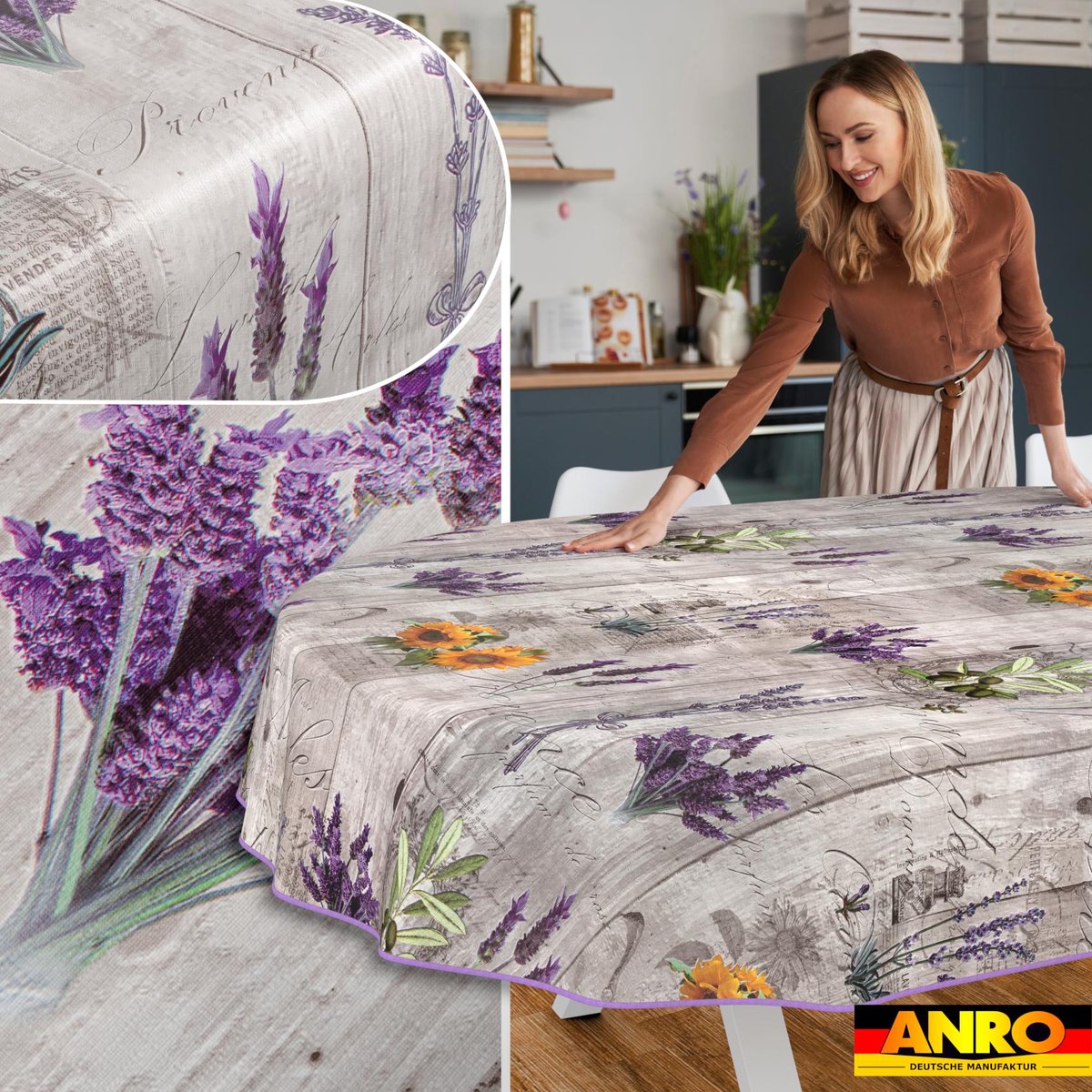 ANRO Tafelkleed Provence Grijs Ovaal 220x140cm Met sierband Afwasbaar Waterafstotend Binnen & Buiten