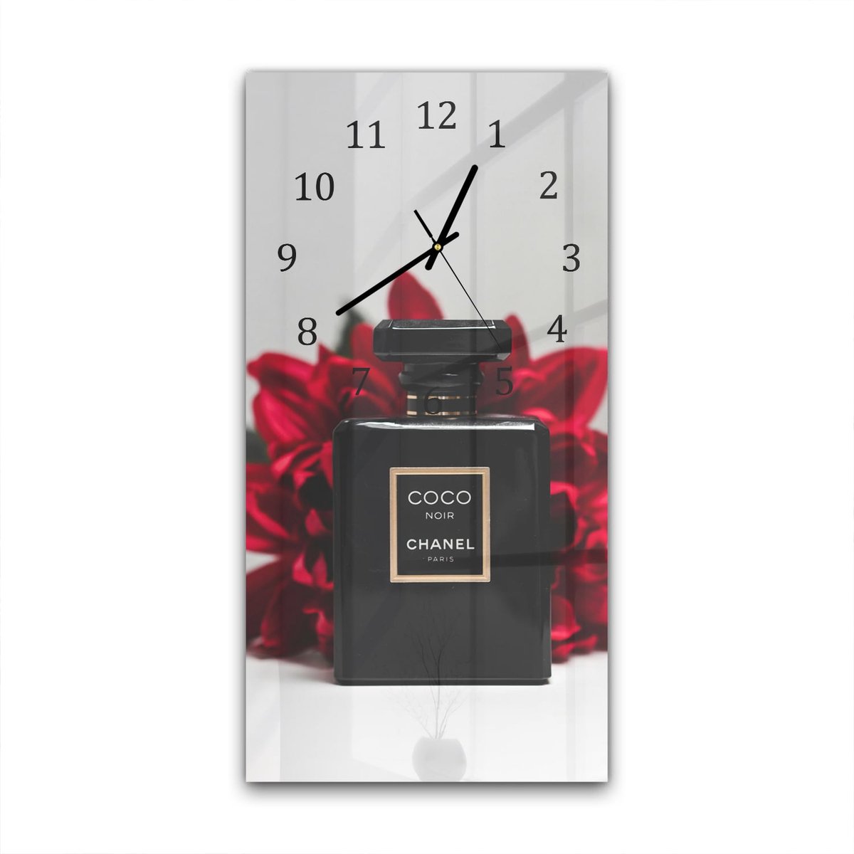 Mydesignglas Grote Glazen Wandklok XXL - Wandklok 30x60 - Gehard Glas - Chanel Parfum Zwart- Stille Klok voor Woonkamer & Keuken - Modern Design Wandklok 30x60 - Gehard Glas - Chanel Parfum Zwart