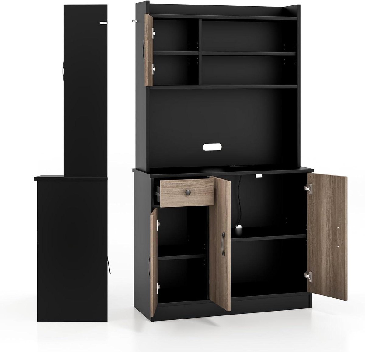 Hoge kast - Buffetkast opbergkast - Keuken opbergen - 4 verstelbare planken - 180 cm hoog - Zwart