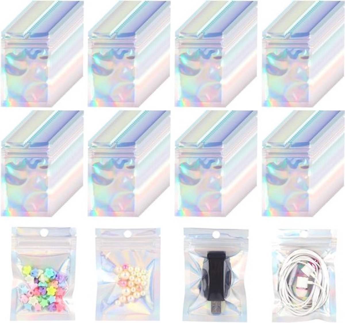 Aluminiumfoliezakjes - Holografische Mylar-zakjes - Hersluitbare Zakjes - Transparant Venster - Sieraden - Lipgloss - Snoep - Snacks - 7 x 10 cm - Set van 200