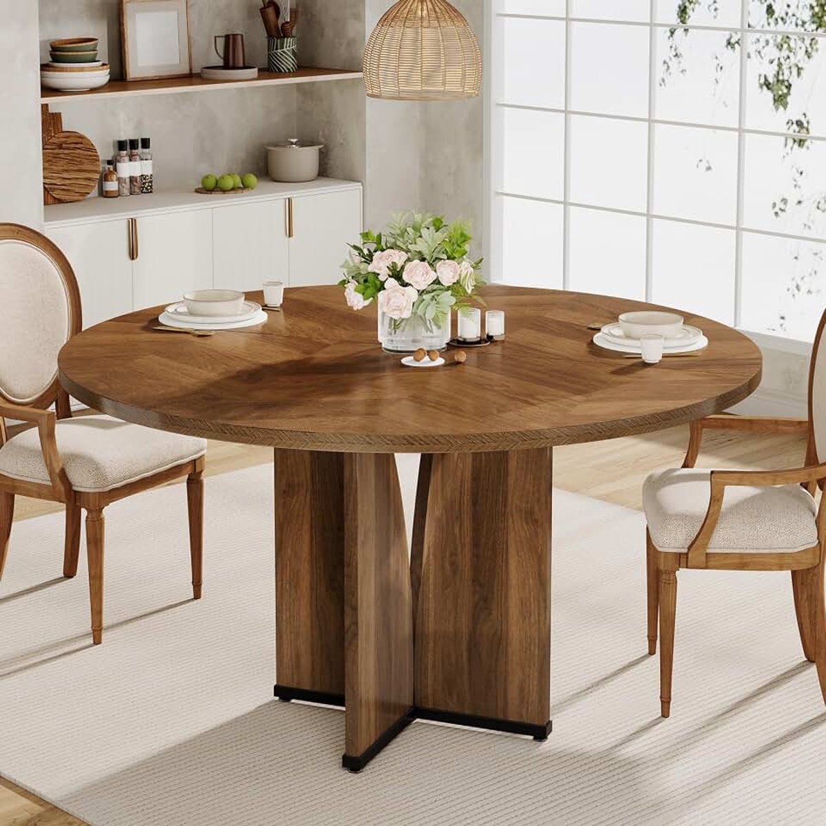 Ronde eettafel, 100 cm houten keukentafel voor 4 personen, boerderijstijl met houten tafelblad en poten, rustieke bruine eettafel voor eetkamer woonkamer