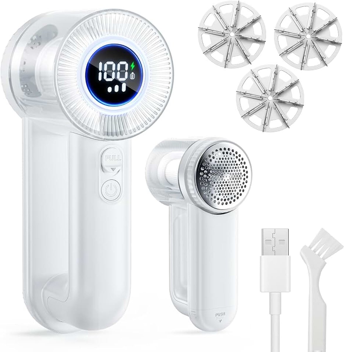 Pluisscheerapparaat, 1800 mAh, USB-oplaadbaar, pluisverwijderaar voor kleding en meubels, 3 snelheden, led-display, elektrisch met 3 verwisselbare messen voor verschillende stoffen