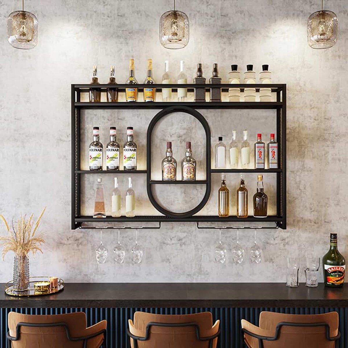 Metaal LED-verlichting & modulaire fleshouder | Moderne wijnopslag homebar, keuken, horeca | Robuuste houder, eenvoudig pluggen (Zwart, 1m)