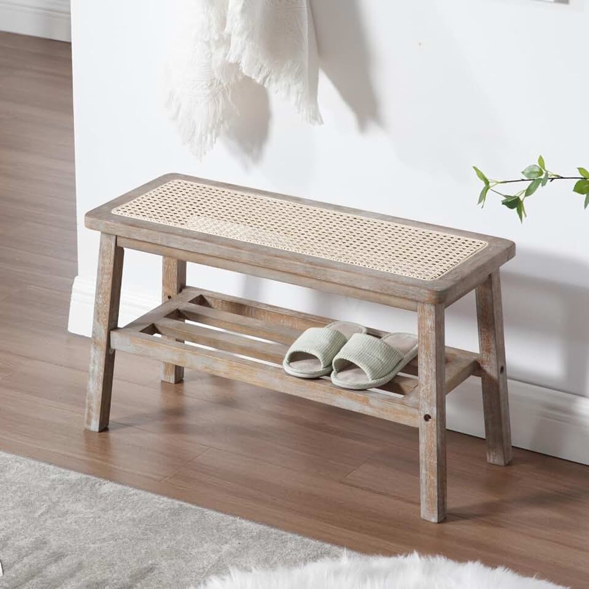 Chairus Halverwege de eeuw eetkamerbank, rotan gangbank voor woonkamer, Ottomaanse raamstoel met opbergruimte (beige)