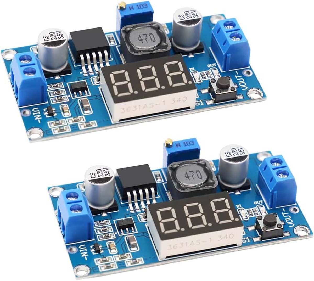 2 stuks step down convertermodule, DC-DC buck converter voor 4-40V naar 3,3-24V met 3-cijferig digitaal display, voeding step-down module