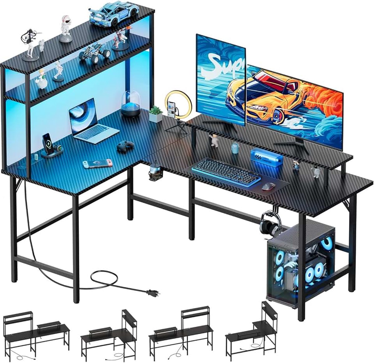 L-vormig Gamingbureau met LED en Stopcontacten, 170 x 100 cm, Zwart | Koolstofvezel, Omkeerbaar, Monitorstandaard, Opbergplanken Planken, Hoofdtelefoonhaak, Bekerhouder voor Gaming, Thuiskantoor