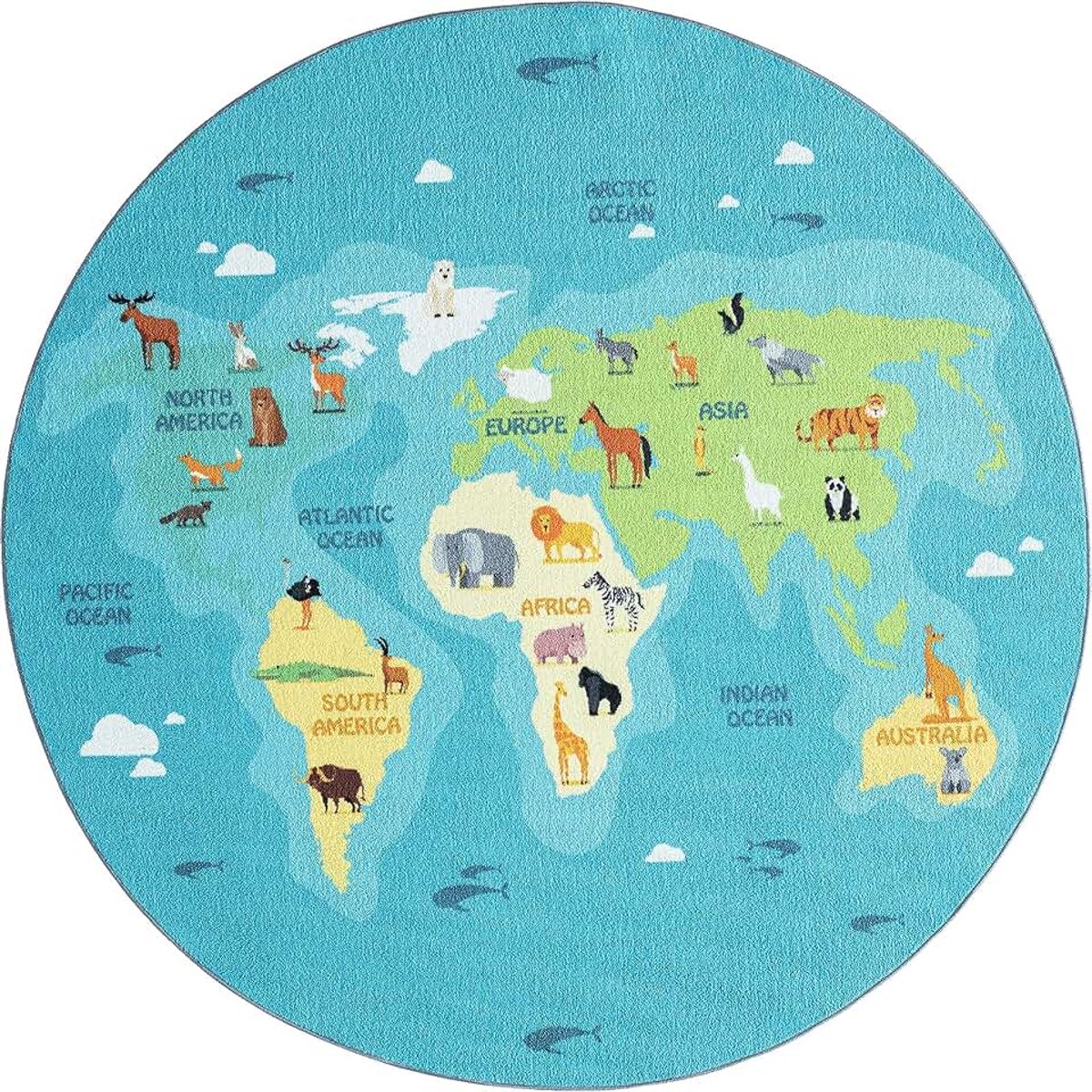 The carpet Happy Life - Kinderkamer, kindertapijt, speeltapijt, wasbaar, wereldkaart, aarde, dieren, Blauw, 200 cm Rond