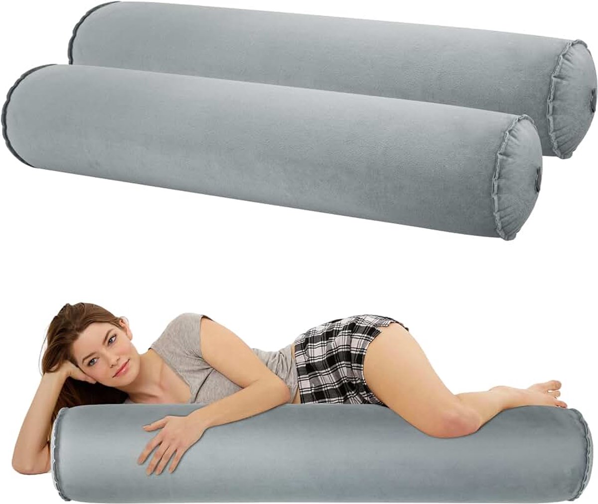 2 stuks opblaasbaar zijslaapkussen, zacht zijslaapkussen, lang rond nekkussen, kussen voor volwassenen en kinderen, compact en opblaasbaar, 120 x 20 cm
