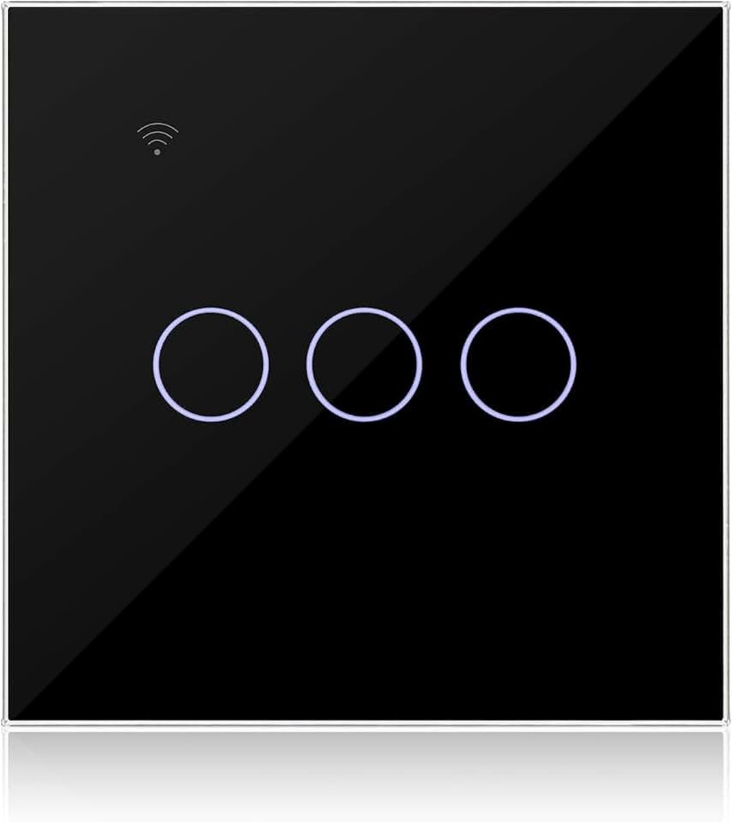 Slimme Touch Lichtschakelaar WIFI Zwart 3 Bende 1 Weg Compatibel met Alexa, Lichtschakelaar Tuya/Smart Life App bediening, Neutraal/geen Neutraal Beschikbaar | Aanraakschakelaar, wifi, Tuya/Smart Life app, neutraal/neutraal beschikbaar, timerfunctie