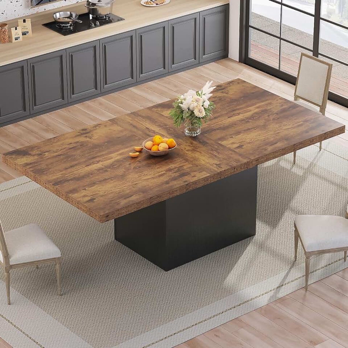 Eettafel, keukentafel, eetkamertafel voor 6 tot 8 personen, rechthoekig, houten tafel, industrieel design met zwarte sokkel, moderne grote tafel voor thuis en kantoor, rustiek, bruin, 180 cm