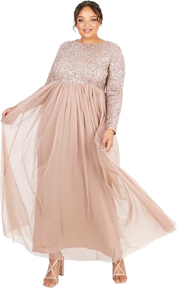 Deluxe Maya verfraaid lange mouw maxi jurk bruidsmeisje taupe blush, Taupe Blush, 40