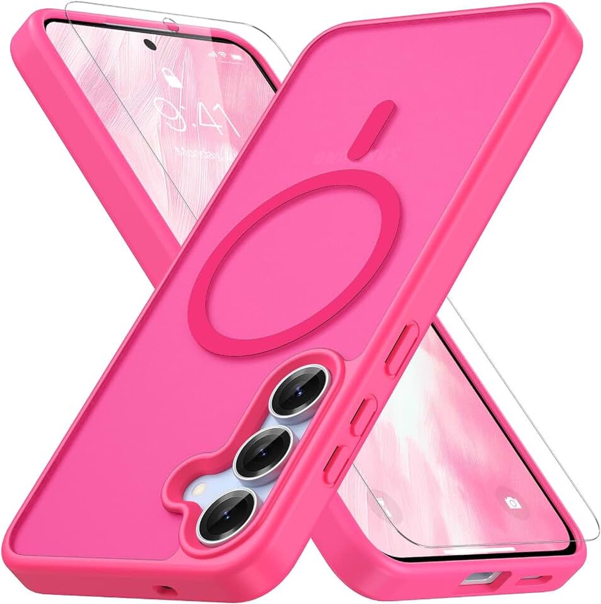 Magnetische beschermhoes voor Samsung Galaxy S25 FE met 1 stuk gehard glas, compatibel met MagSafe, valbescherming in militaire kwaliteit, doorschijnende hoes, mat, ultradun, krachtig roze