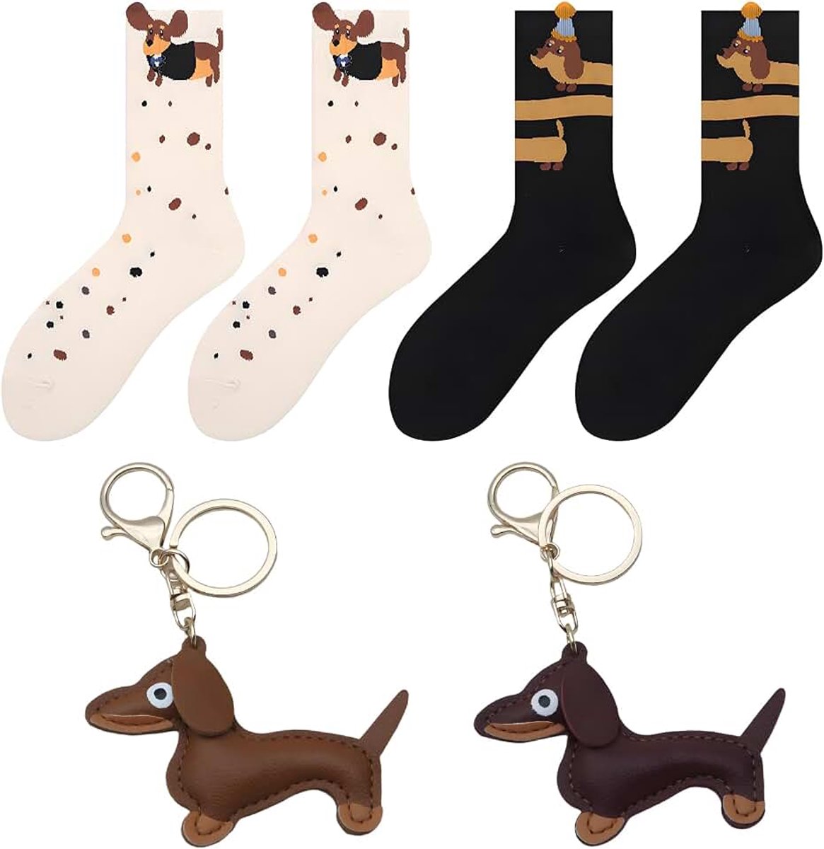 4 stuks teckel geschenken, sleutelhanger teckel en sokken, schattige puppy hondentas hanger van leer, teckel geschenken voor dierenliefhebbers, grappige geschenken voor het dagelijks leven