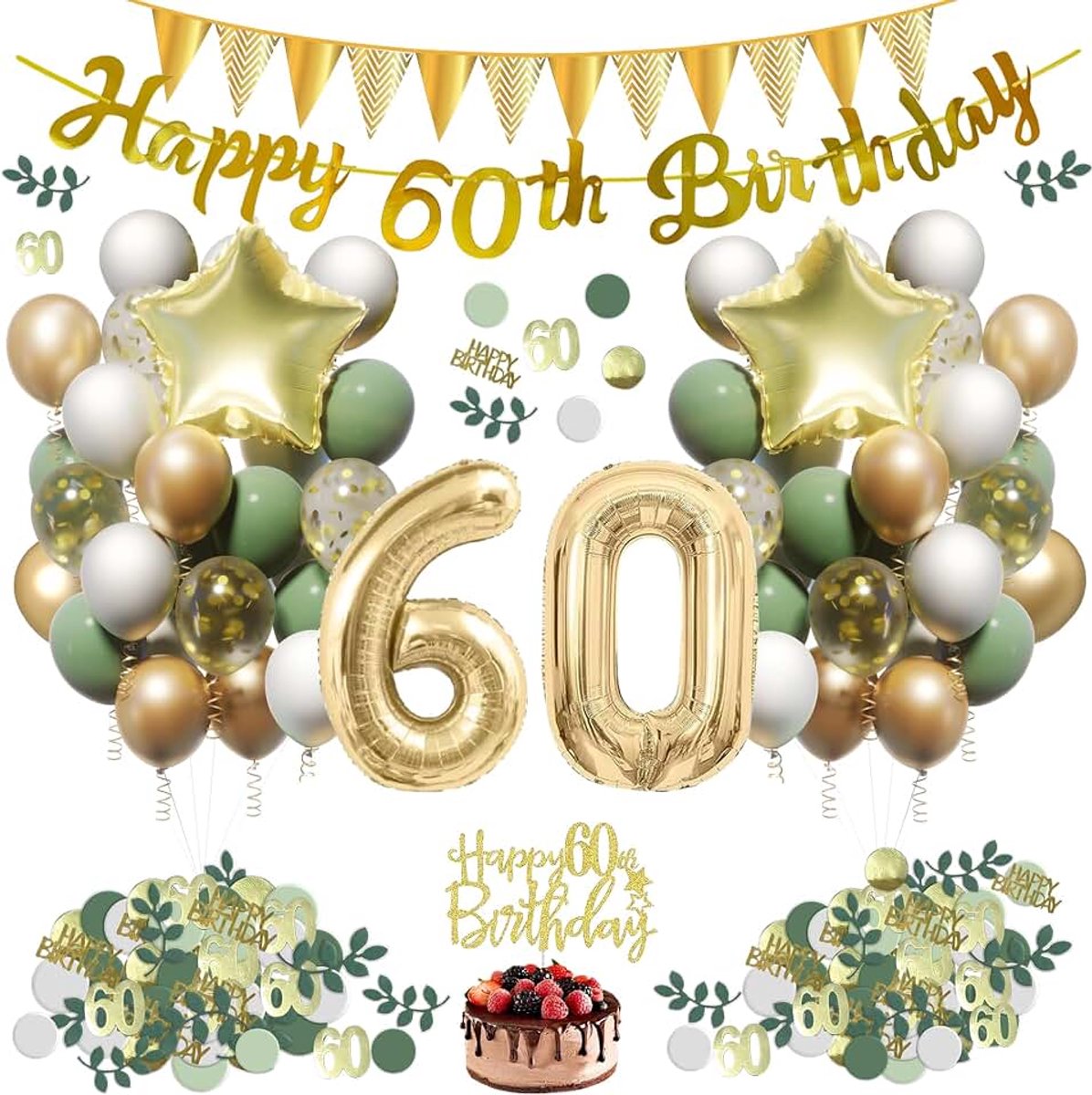 30e verjaardagsdecoratie voor vrouwen, saliegroene 30e verjaardag deco voor mannen, groen wit goud luchtballon set met 44 ballonnen, Happy Birthday-banner, vlaggen, taartdecoratie enz