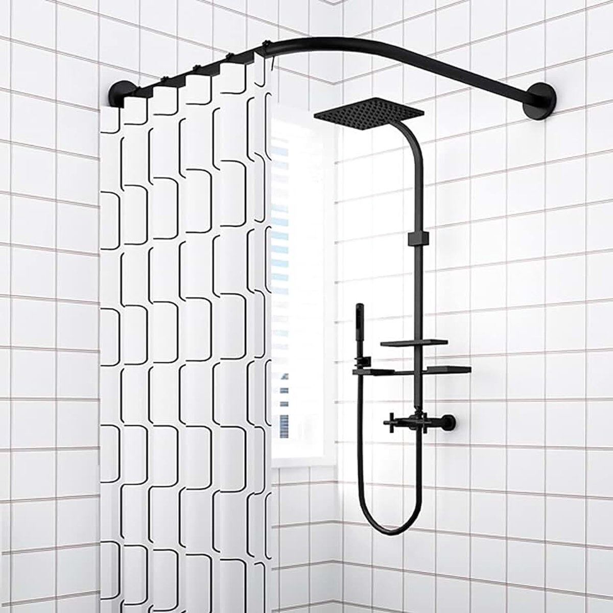 Uitschuifbare roestvrijstalen gordijnstang rail, L-vormige badkamer douchegordijnstang gebogen rek, douchestokken ponsvrij telescopisch roestvrij staal voor montage kamer90 tot 130 cm x 90 tot 130