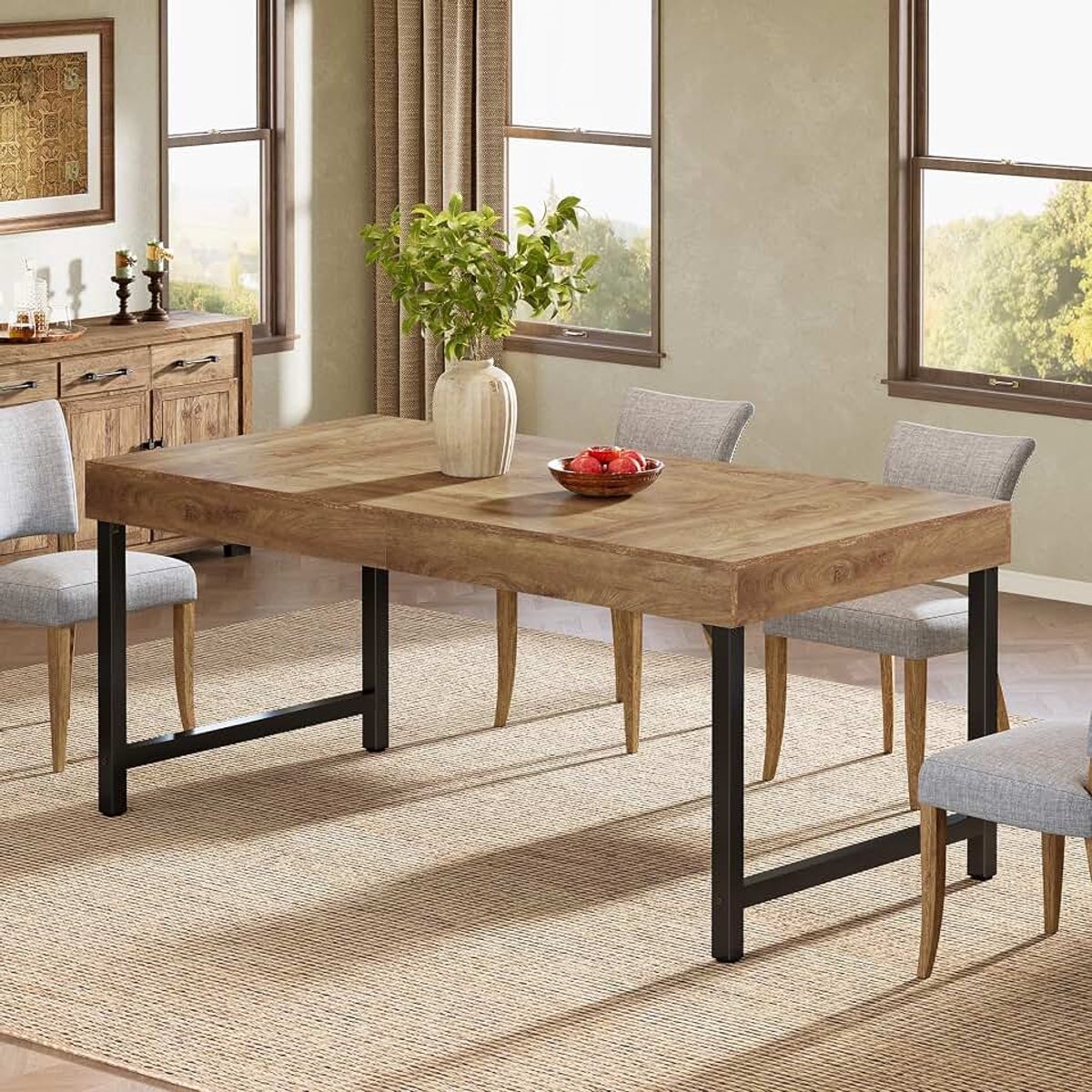 Boerderij eettafel voor 4-6 personen, 140 cm industriële rechthoekige keuken eettafel met zware metalen poten voor thuis, eetkamer, kleine ruimte, rustiek bruin