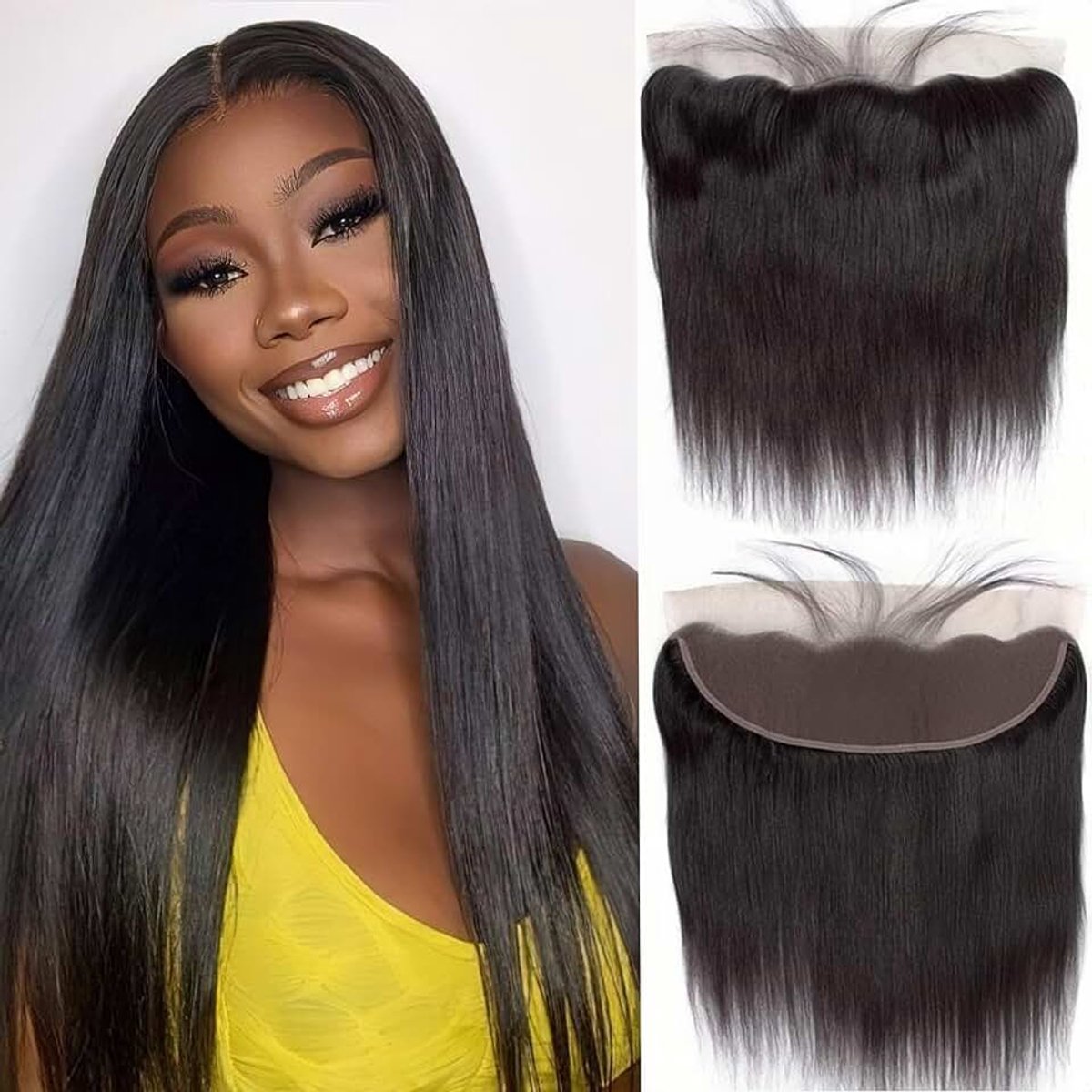 Haarverlenging 13 x 4 kanten voorkant onbehandeld 16 inch | Haarteil Unprocessed 100% Human Hair Brazilian Machine Made Double Weft natuurlijk zwart haar ademend licht invisible