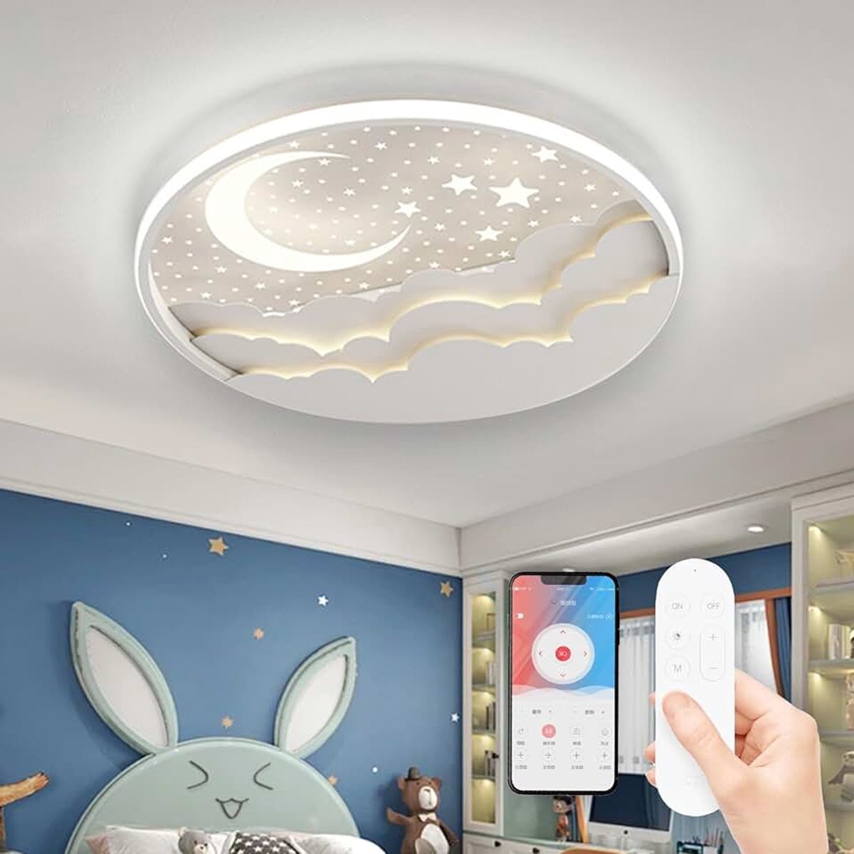 LED-plafondlamp voor kinderen, sterren- en maanplafondlamp met afstandsbediening, traploos dimbare plafondlampen voor kinderkamers, slaapkamerplafond, kleuterschoolverlichting (D40cm, wit)