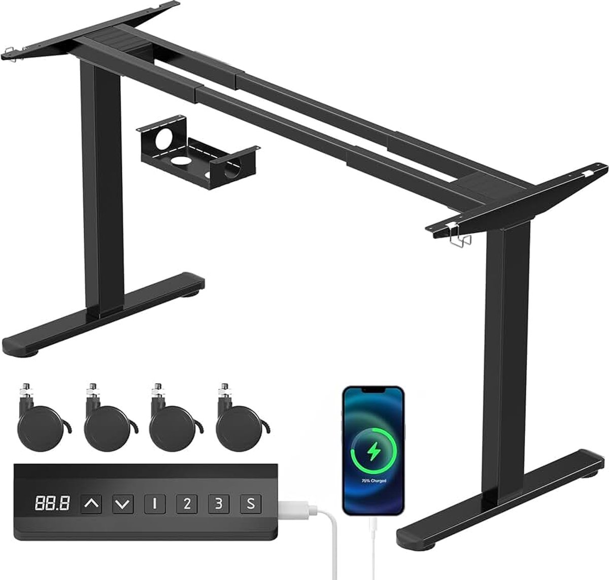 Homall In hoogte verstelbaar bureau, elektrisch frame met 2 motoren, elektrisch bureau tot 100 kg, 2-voudige telescoop, tafelframe met geheugenbediening, botsingsbeschermingsfunctie, zwart