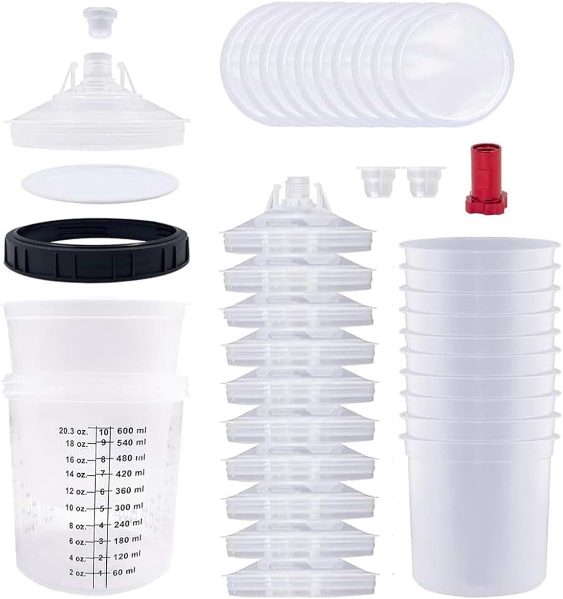 Maatbekerset, lakmengbeker, deksel en voersysteem met 10 bekerinzetstukken, 10 deksels met filters, 1 harde beker met houder, 2 stekkers, 1 adapter M16 (600 ml)