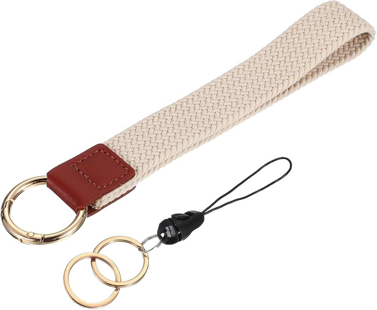 6,8 inch polssleutelhanger met gevlochten sleutelband, autosleutelhanger, sleutelhanger met dubbele ringen voor autosleutels, portemonnee, ID-kaart, beige, Beige, 6.8