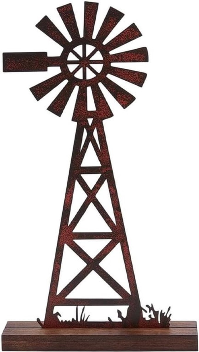 Decoratieve Windmolens - Rustiek - 30 cm - Boerderij Decoratie - Vintage - IJzer - Houten Basis - Binnen en Buiten - Verroest IJzer - Bruin