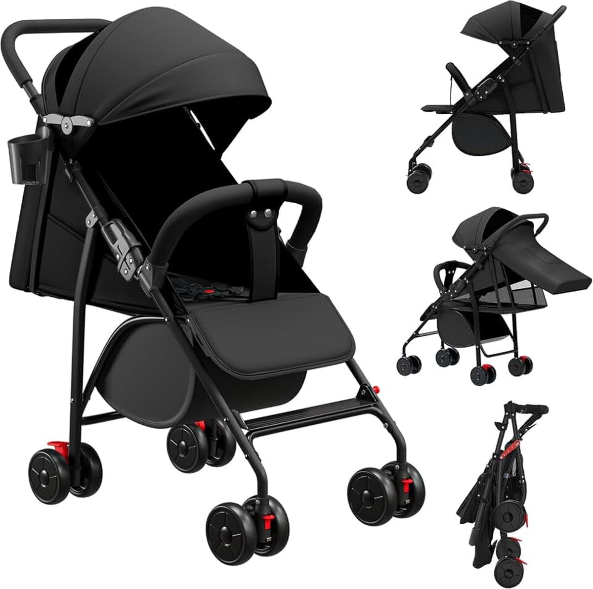 Compacte wandelwagen, met ligpositie, vanaf de geboorte tot 4 jaar (tot 25 kg), 47 x 72 x 97 cm, bank, met muggennet, bekerhouder, zwart