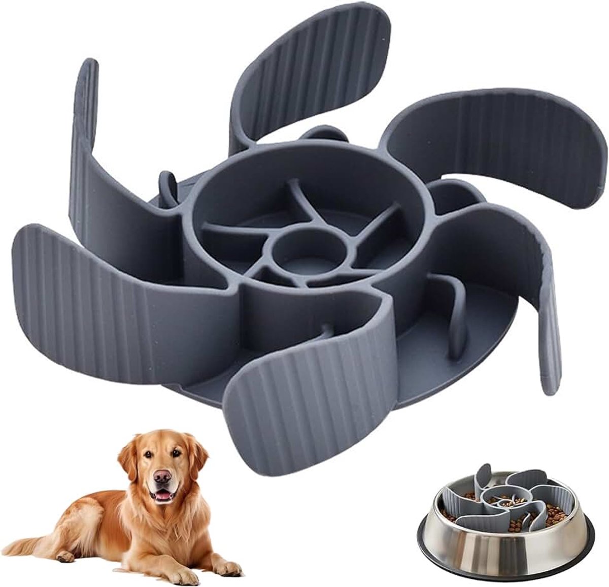 Anti-schrokbak voor honden, siliconen anti-schrokbak hond, anti-schrokinzet voor bak, grijze voerbak, honden, slow feeder, hondenbak met zuignappen, antislip, langzame voerbak voor honden en katten