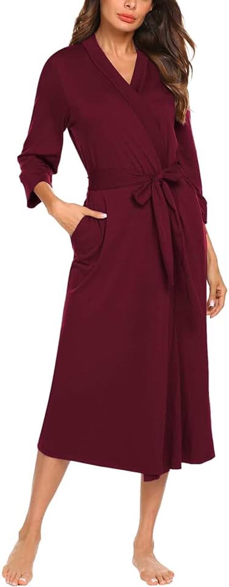 Dames ochtendjas van katoen, 3/4 mouwen, badjas, nachtkleding, kimono, saunamantel met diepe V-hals, S-XXXL