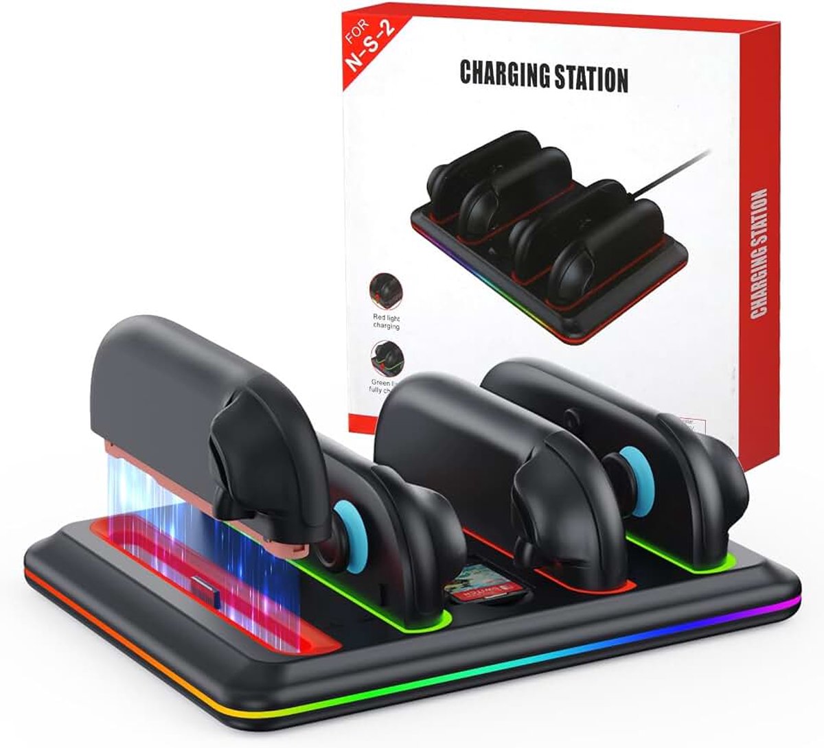 Switch 2 Grip Controller laadstation, 4-in-1 platte oplader, compatibel met Nintendo Switch 2, 4 Grip snellaadstation, rood/groene led-indicatoren, RGB-verlichting, switch-accessoires