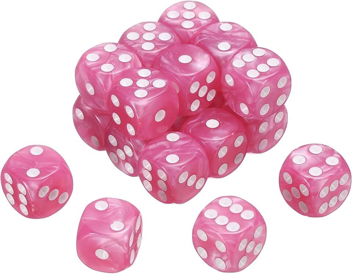 24 stuks 6 gekleurde dobbelstenen standaard, 16 mm acryl D6 mini polyhedrisch parelpatroon dobbelspel voor tafelspellen, roze/witte stippen
