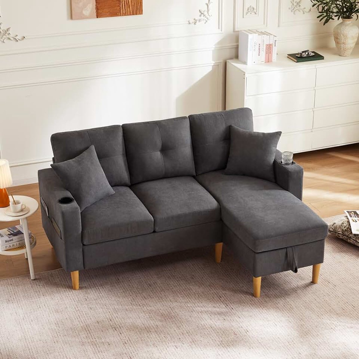 Hoekbank met opbergruimte en bekerhouder, 3-zits bank met chaise longue, moderne woonkamerbank voor woning en kantoor, incl. kussen (Dark Grey1, 3-zits)