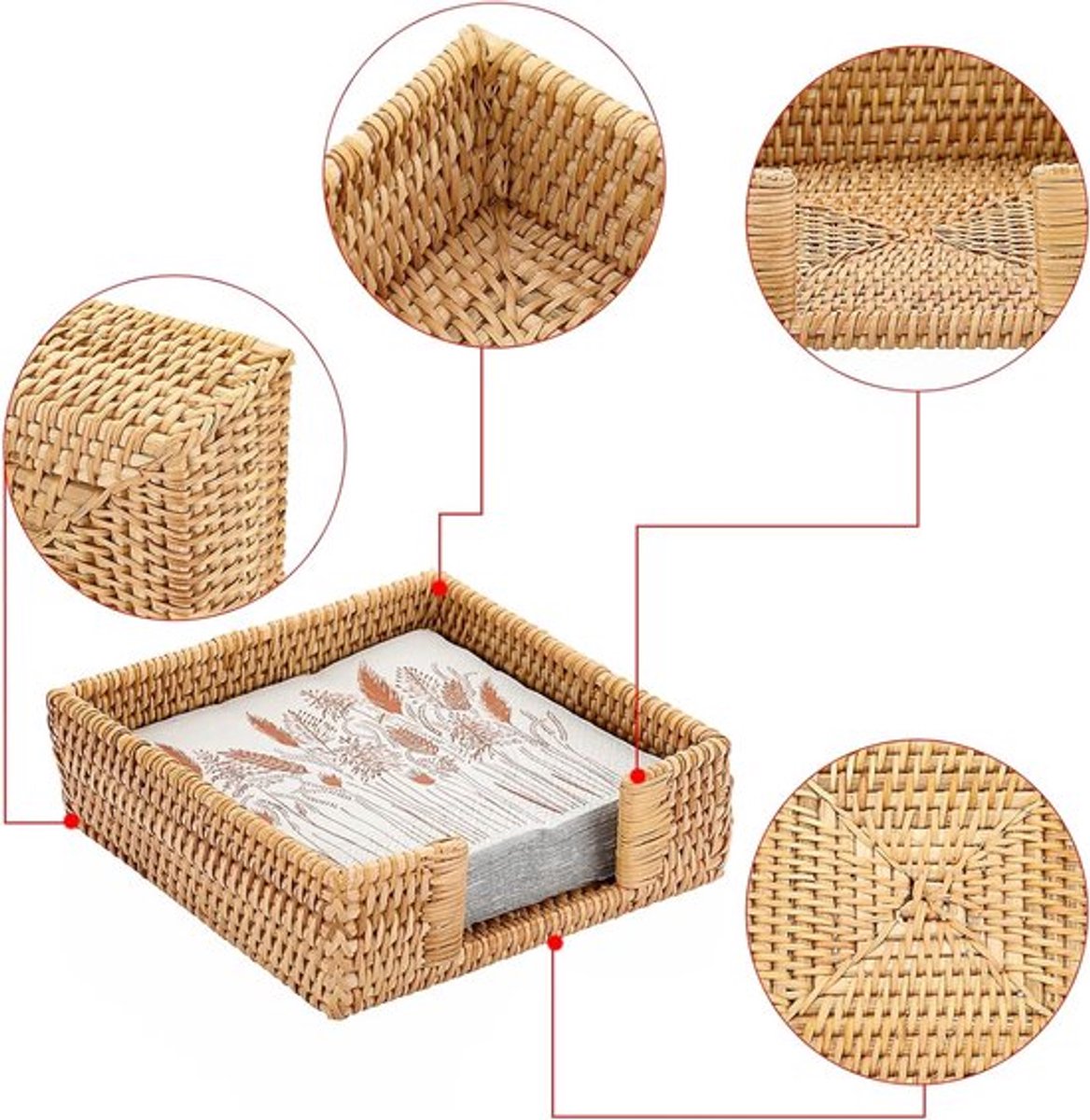 Rotan lunchservethouder – Geweven dienblad voor servetten – Dispenser voor tissueservetten – Tafeldecoratie en opbergtray voor servetten voor keuken, eetkamer, bar en feesten – Moderne buffetservethouder voor badkamer