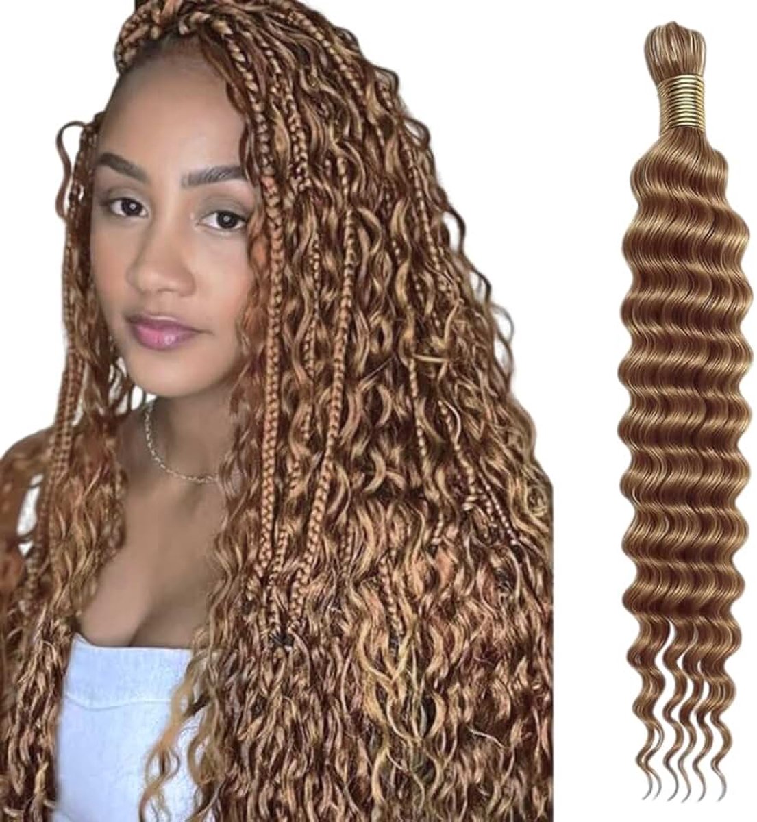 Braiding Hair for Boho Braids Hair 50g/1 Bundle Deep Wave Bulk for Braiding No Weft 100% Unprocessed Brazilian Virgin Human Hair Extensions Bohemian Knotless Braids #27 Color (16 inch/50g)