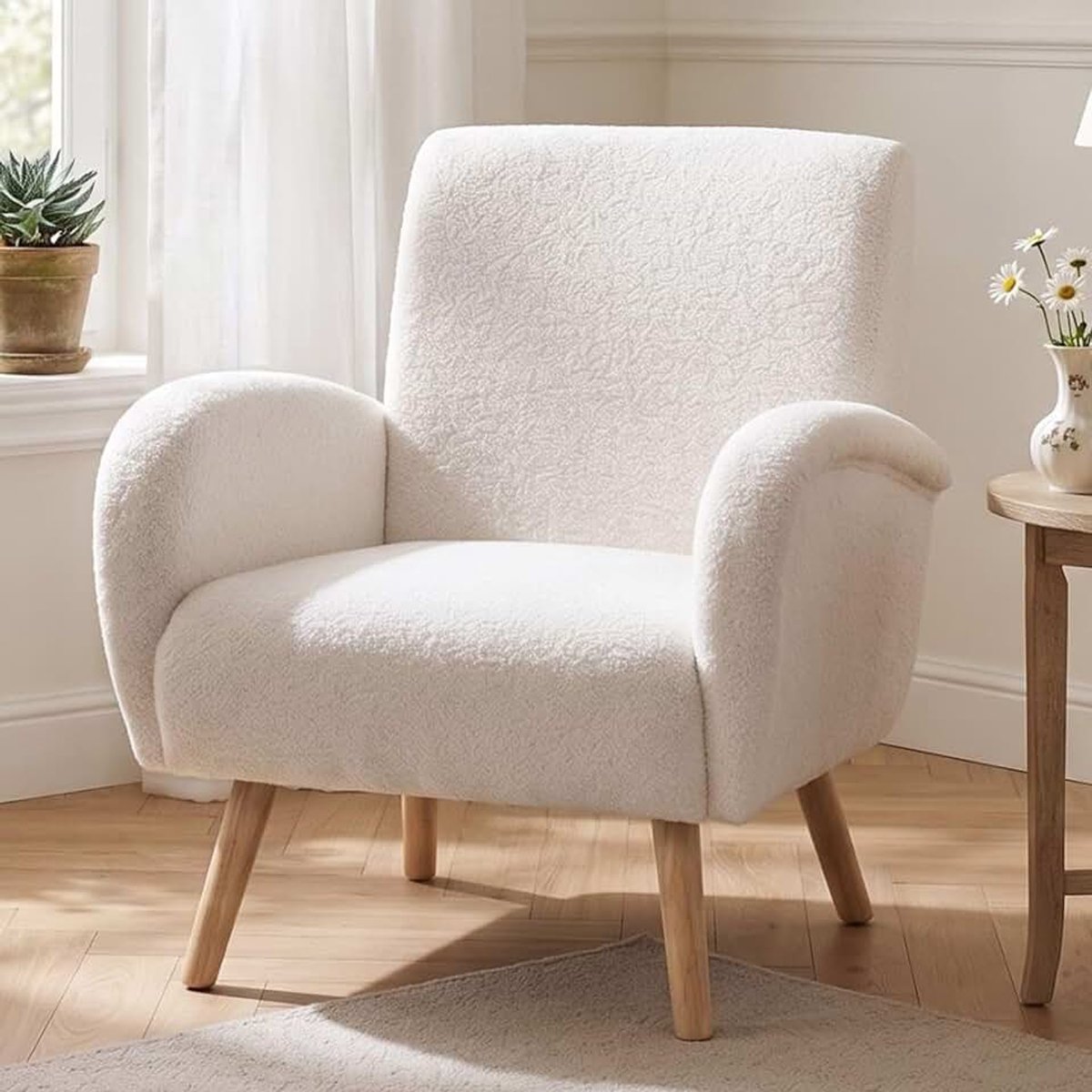 Chairus Kunstbont loungestoel oorstoel voor woonkamer gestoffeerde stoel enkele bank voor slaapkamer accentstoel relaxstoel met houten poten (wit)