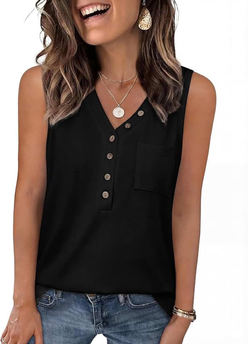 Mouwloos T-shirt voor dames, met knopen, V-hals, zomervest, basic, cami, casual, zacht, effen, los, rekbaar, T-shirt met zak