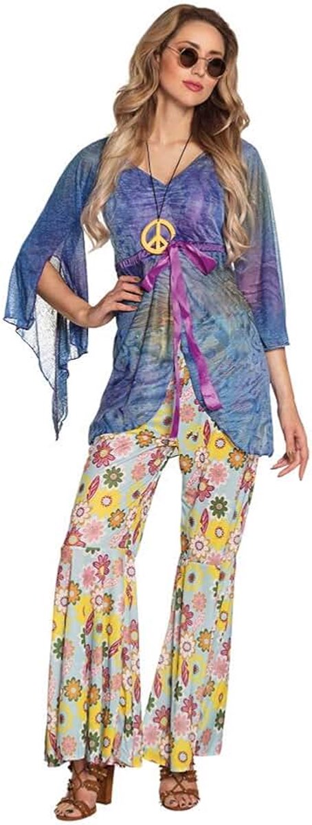 - Flower-Power-vrouwenkostuum | Met broek, shirt en ketting in jaren '70-stijl