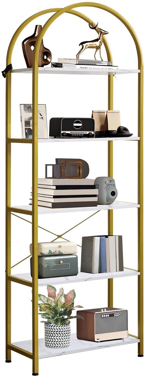 Boekenkast 5 Lagen met Boogvormige Bovenkant - 60x28x180cm - Smal Hoog - Displaykast Vrijstaand - Boekenplank - Metalen Frame - Voor Woonkamer Slaapkamer Kantoor - Wit + Goud