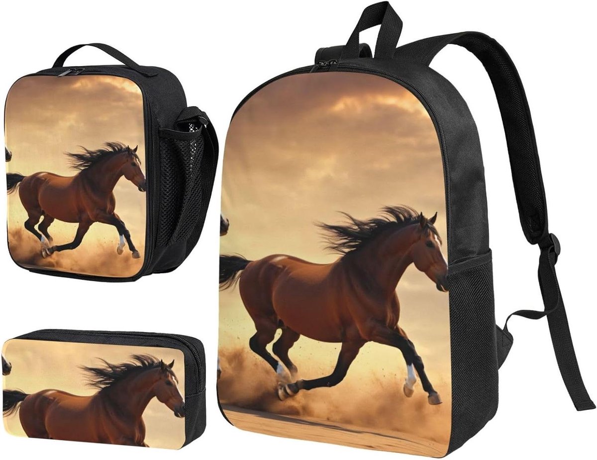 Schooltas Set - Rugzak Lunchtas Pennenhouder - Dagelijks Gebruik - Paardenprint Design - 32x13x43cm - Zwart