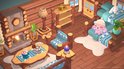 Een schattig roze konijn met een wintermuts zit op een bed met blauw-witte dekens in een houten hut, met een open haard en meubels.