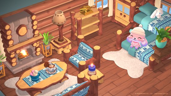 Een schattig roze konijn met een wintermuts zit op een bed met blauw-witte dekens in een houten hut, met een open haard en meubels.