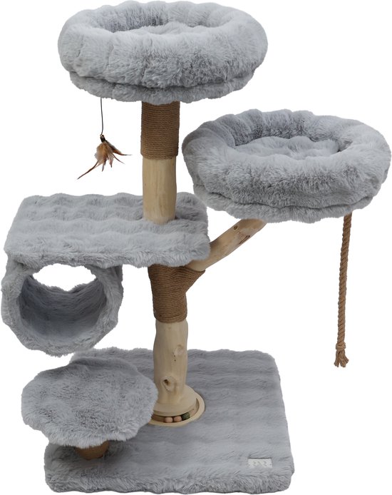 Studio RAR krabpaal met lichtgrijze pluche platforms, een natuurlijke houten stam en hangend veerspeeltje.