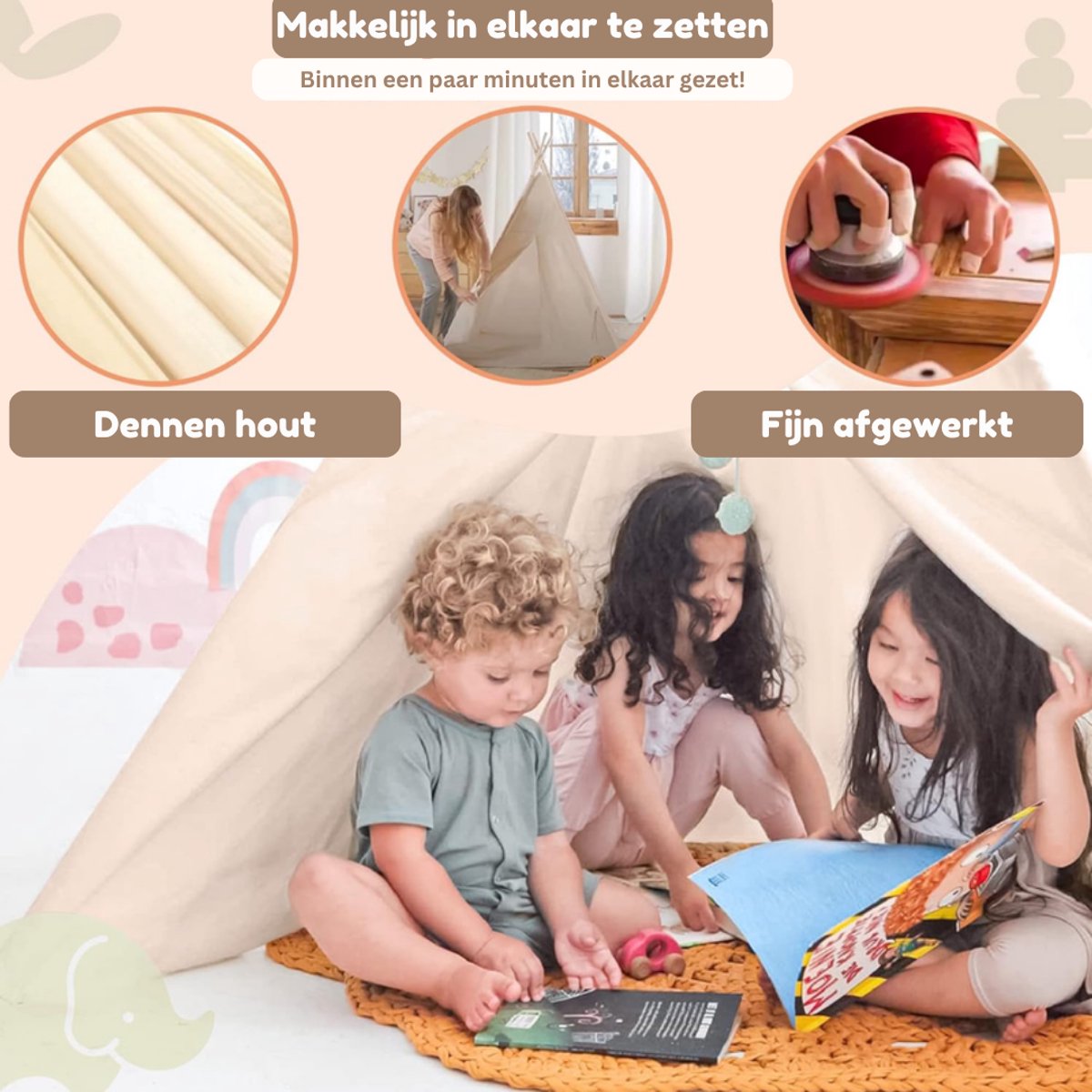 Homeblend Speeltent Kind 120x120x150cm - Speeltent jongens en meisjes - Tipi Tent - Speelhuisje - Kindertent - Tent Kinderen - Peuter Tent — cadeau in Spellen & Speelgoed - foto 6