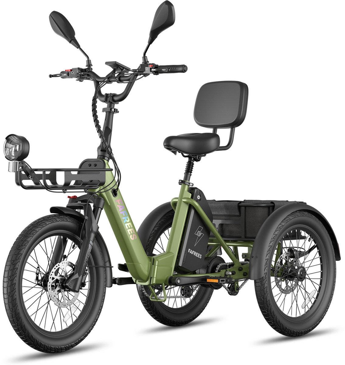 FAFREES Elektrische Driewieler 20 Inch 48V 21Ah Accu Dik Klapfiets E-Bakfiets Elektrische Fiets Elektrische Vrachtsfiets 180kg 85km Bereik Grote groente den aan de voor- en achterkant Koppelsensor Max 180kg Belasting – Groen