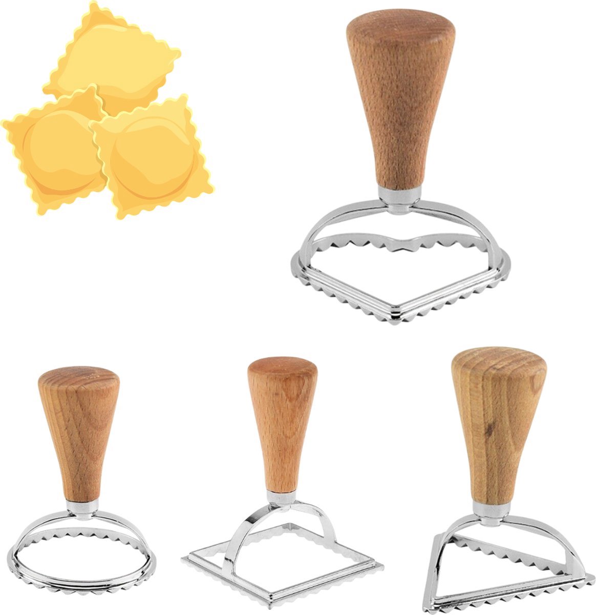 Ravioli Snijders Set - 4 Vormen - Metalen uitsteekvorm met houten handvat - Ook geschikt voor koekjesdeeg en fondant