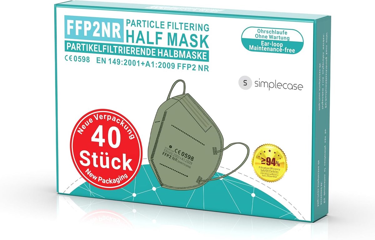SnelShoppen - FFP2-maskers CE-gecertificeerd 40 stuks, adembeschermingsmasker met deeltjesfilter, veilig en comfortabel voor dagelijks gebruik, ideaal