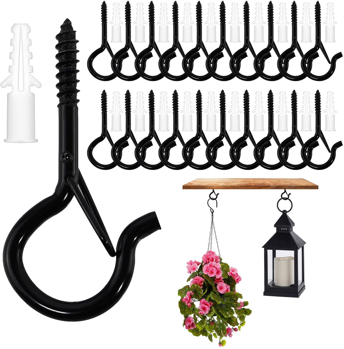 20 stuks schroefhaken, zwart, haken om te schroeven, met zekering, wandhaken, plafondhaken, haakschroeven voor plantenmanden, vogelhuisjes, windgongen, lichtkettingen