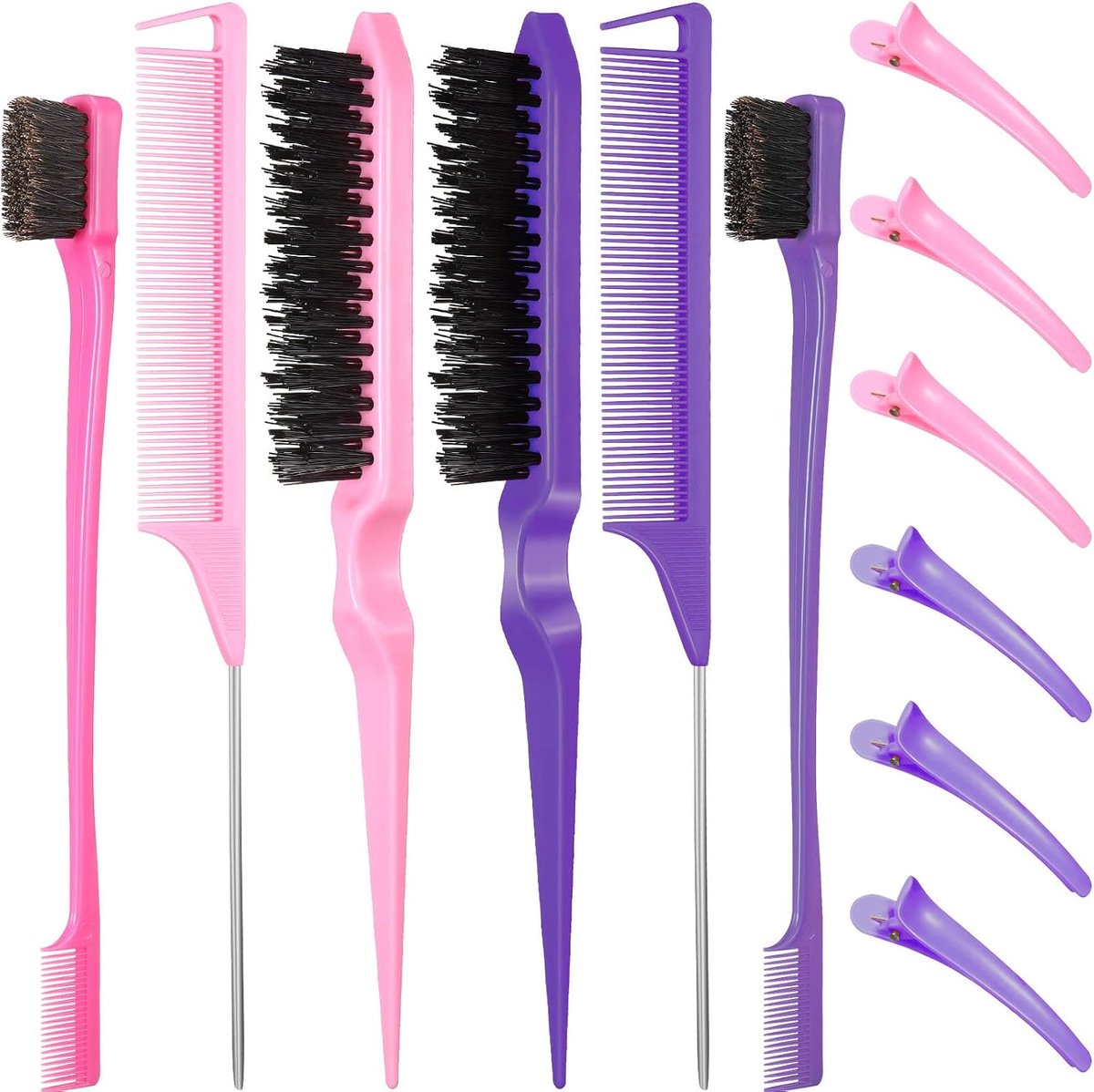 Haarborstels, haarborstel aan beide zijden, gladde kam voor vachtverzorging, rattenstaartkam met eendenbek-clips voor vrouwen en meisjes (paars, roze)