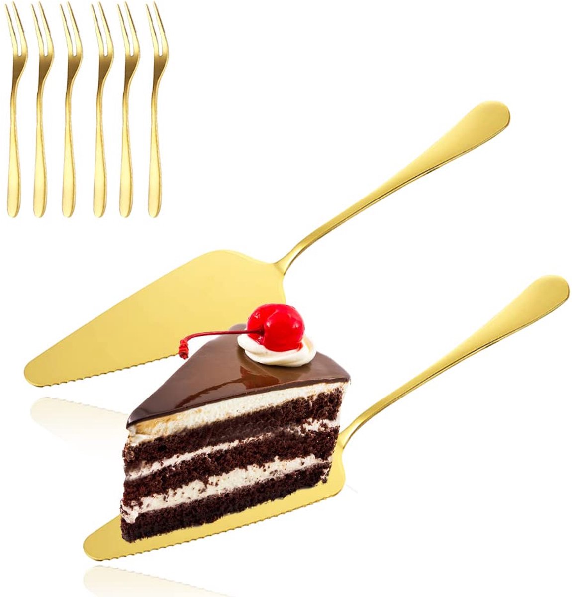 Taartschep, taartmes, voor keuken, eetkamer en vakantiefeesten, geserveerd met 6 taartvorken, zilver