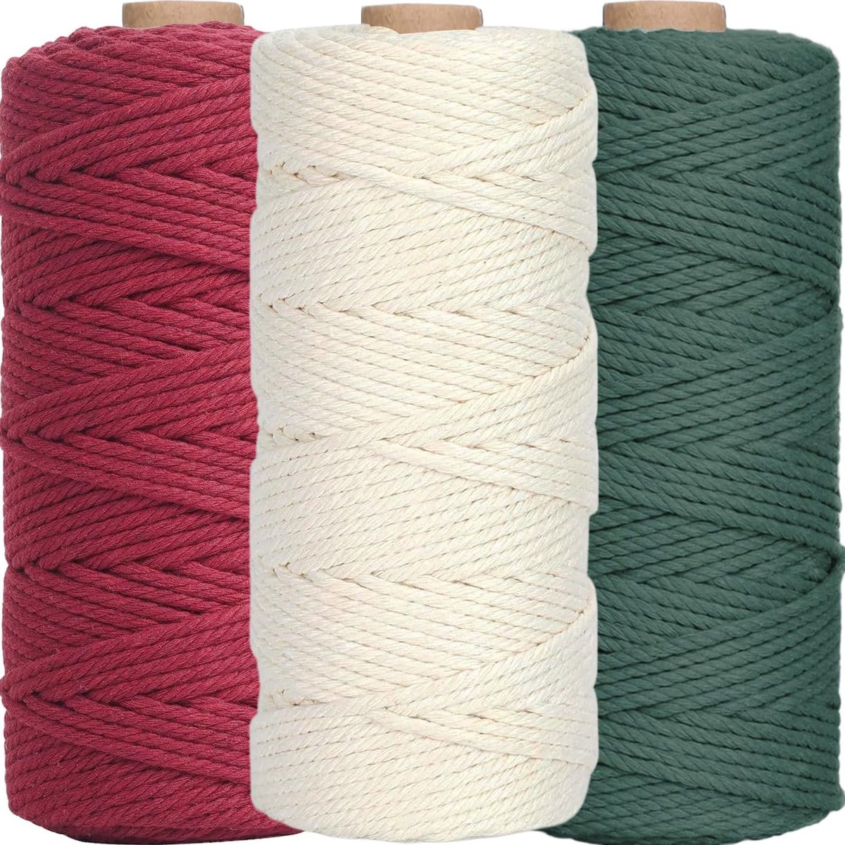 3 stuks macramégaren, 3 mm x 100 m, kleurrijk macramékoord, doe-het-zelf natuurlijk garen, katoenen koord, katoenen koord voor wandplanten, handwerk, wit, donkergroen, rood